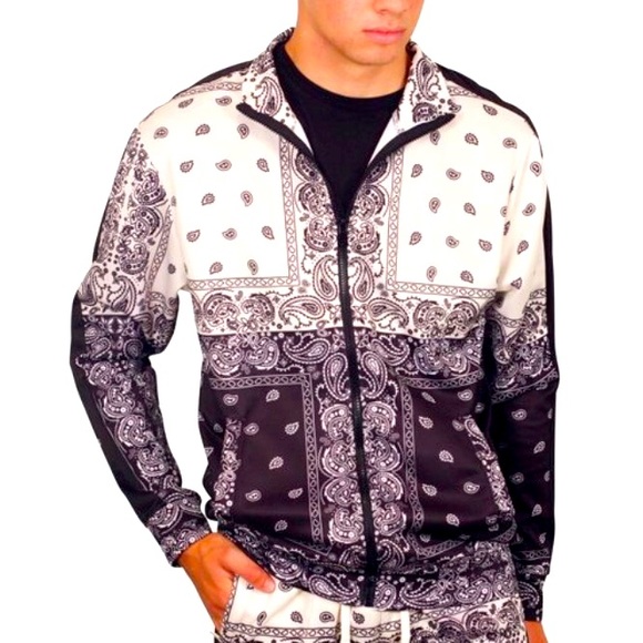 Rebel Minds Forever 21 Cream & Black paisley bandana print Large track jacket - Picture 1 of 8